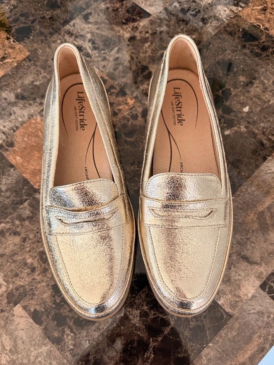 Life Stride Shoes - Life Stride Metallic Gold Women’s Slip-On Penny Loafers